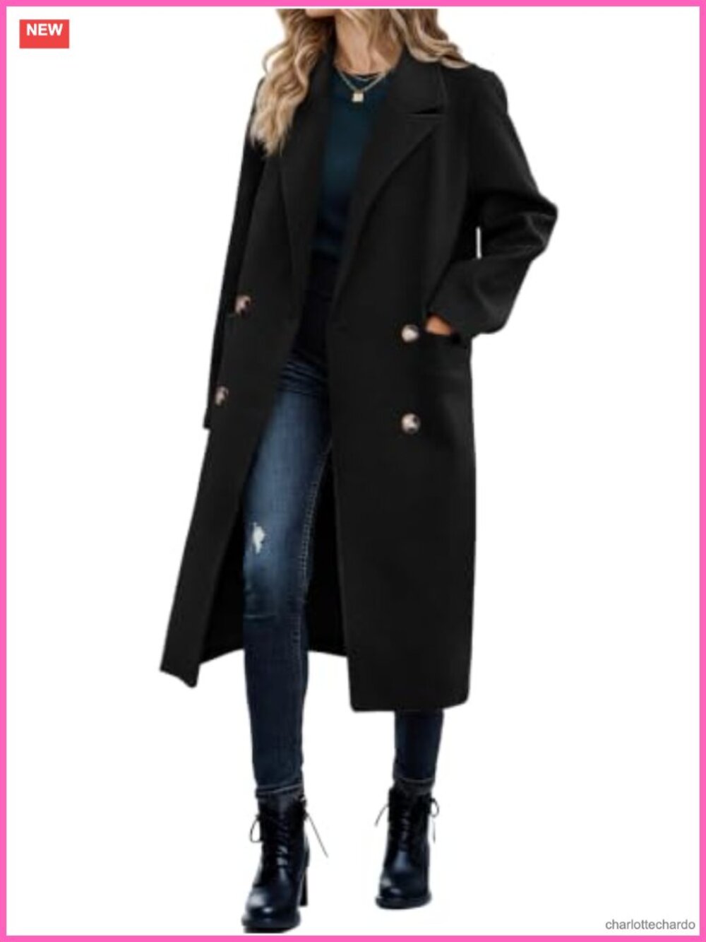 Women's Wool Pea Coat Long Double Breasted Winter Work Office Trench Jacket w/